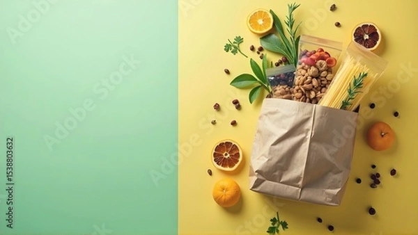 Fototapeta A Modern Minimalistic Grocery-Themed Flat Lay Fresh Produce and Pantry Staples