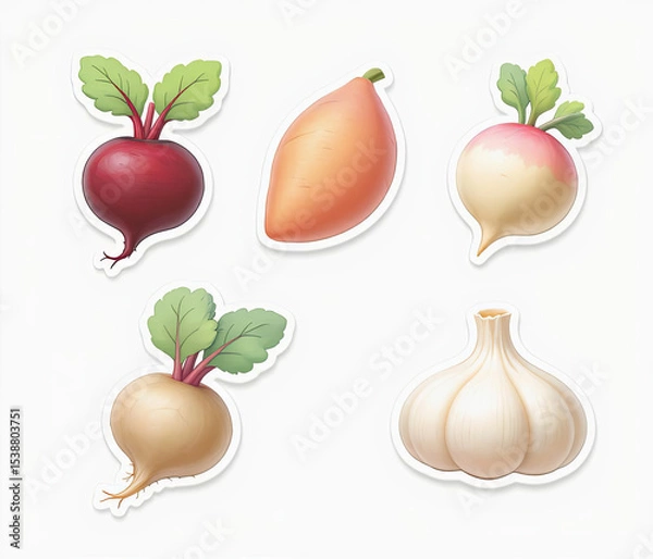 Fototapeta Cute 3D root vegetable icons beetroot, sweet potato, radish, turnip, and garlic soft shading, pastel colors, 3-row layout, white background, Ai Generate.