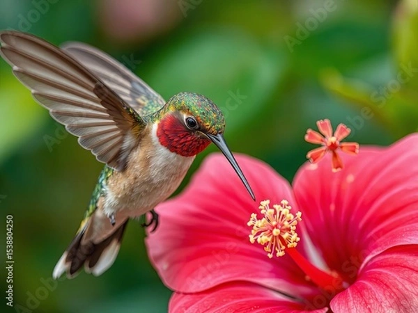 Fototapeta Close-up of iridescent hummingbird hovering near red hibiscus flower, wings frozen mid-flight, soft natural lighting, extremely detailed feathers, Ai Generate.