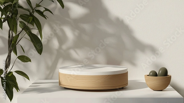 Obraz Minimalist wooden podium with clean layered design on ivory background, accompanied by small wooden bowl with decorative objects and leafy plant shadows creating calm atmosphere