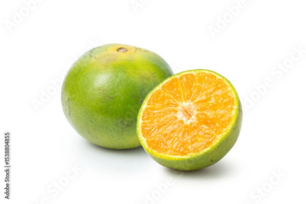 Fototapeta Whole and Sliced Green Tangerine Orange Fruit Isolated on a White Background