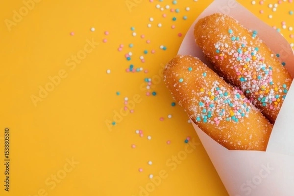 Fototapeta Two donuts with sprinkles on top of a yellow background, with ample copy space for text.