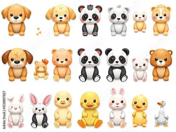 Fototapeta 3D icon set of adorable baby animals including puppy, kitten, baby panda, bunny, and duckling, arranged in 3 rows on a white background, isolated PNG, Ai Generate.