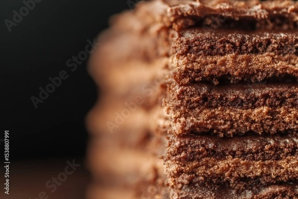 Fototapeta A stack of chocolate cake with a chocolate frosting. , with ample copy space for text.