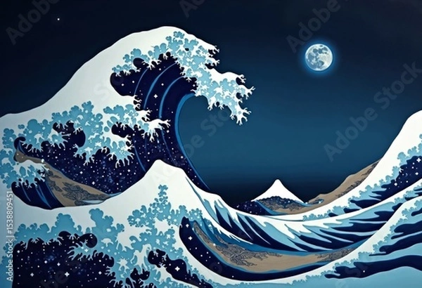 Fototapeta The huge waves under the moonlit night