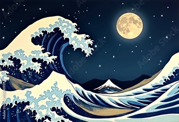 Fototapeta The huge waves under the moonlit night and Mount Fuji