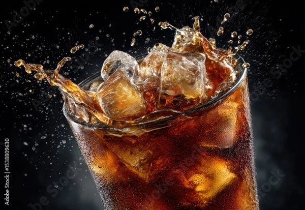 Fototapeta Close-up of a refreshing cola splash with ice cubes in a cold glass, highlighting fizz and droplets against a dark background, ideal for beverage ads, summer promotions, and drink packaging designs