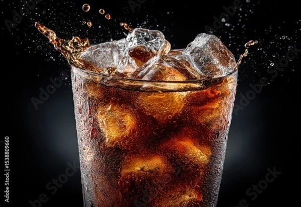 Fototapeta Refreshing splash of cola with crystal ice cubes in a cold glass, highlighted against a black background, perfect for soda branding, drink ads, summer campaigns, and beverage product visuals