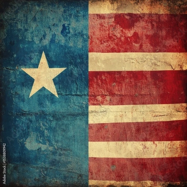 Fototapeta Vintage, distressed flag design.  Aged, textured, and slightly worn.  Showing a mix of blue, red, and beige/cream.  A star is prominently displayed on the left section