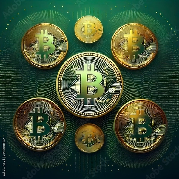 Fototapeta Stunning Digital Illustration of Bitcoin Coins in Green and Gold, Representing Cryptocurrency and Financial Technology on a Textured Background