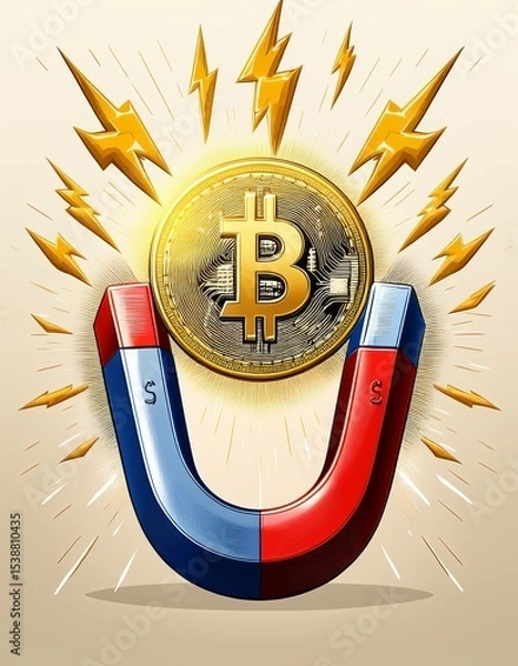 Fototapeta Bitcoin Cryptocurrency Attracting with a Magnet, Financial Investment and Digital Asset Concept, Cryptocurrency Mining Illustration, Blockchain Technology