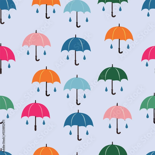 Fototapeta A delightful pattern featuring various colorful umbrellas against a soft blue background, complemented by small raindrops.