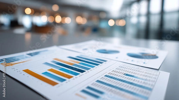 Fototapeta Colorful business charts and graphs on paper with blurred office background, showing data analysis and financial report in modern workspace environment