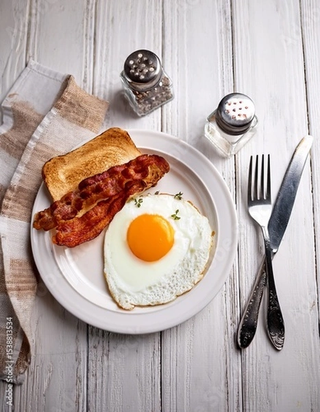 Fototapeta Delicious Breakfast Plate Fried Egg, Crispy Bacon, and Golden Toast with Salt and Pepper Shakers on a White Wooden Table - Perfect Morning Meal Image