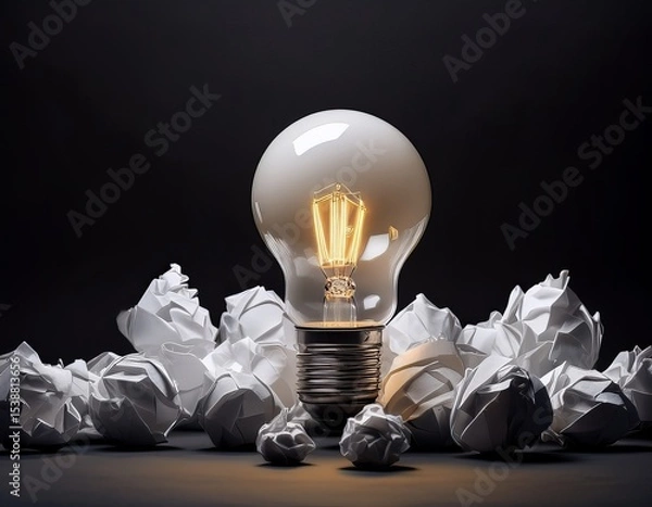 Fototapeta Creative Lightbulb Idea Glowing Bright with Crumpled Paper, Concept of Problem Solving, Innovation, and Thinking Outside The Box, Black Background