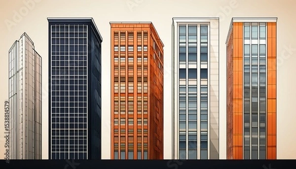 Fototapeta Stylized Illustration of Modern City Skyscrapers and Buildings in Various Architectural Styles, Perfect for Urban Design Concepts
