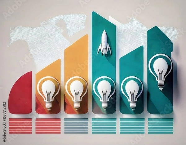 Fototapeta Innovative Business Growth Chart with Rocket and Lightbulb Ideas, Rising Profits, Success, and Startup Concepts, on a Textured Background
