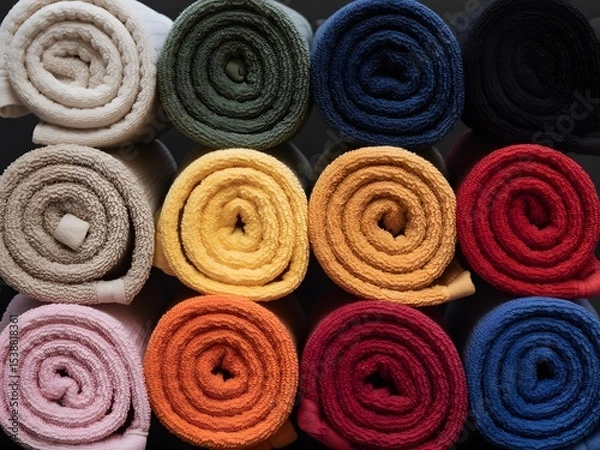 Fototapeta Rolled Terrycloth Towels Various Colors Closeup rolled towels
