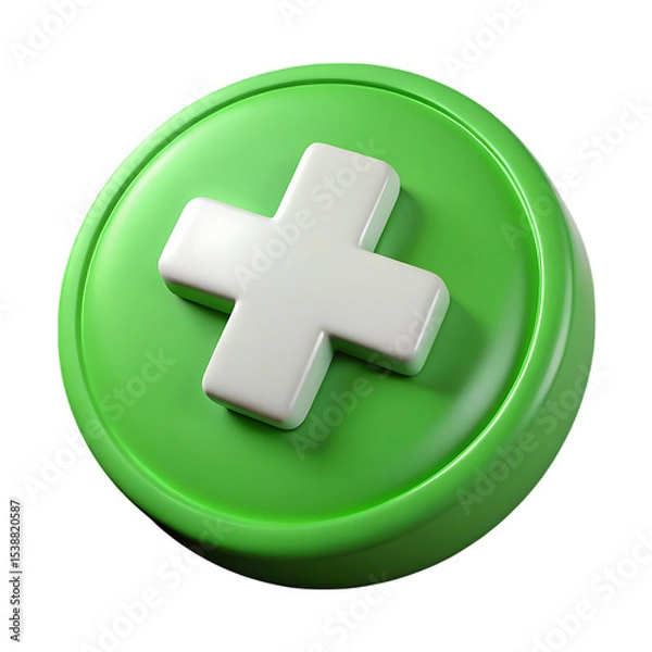 Fototapeta 3d rendered medical sign of a white cross symbol on a round green button