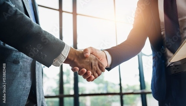 Fototapeta Business Partners Shaking Hands to Seal a Deal and Agreement, Close Up of Two People in Suits with Blurred Window Background, Concept of Teamwork