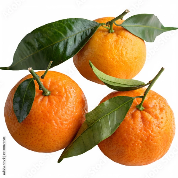 Fototapeta Three vibrant orange fruits with green leaves, each displaying a unique shape and surface texture