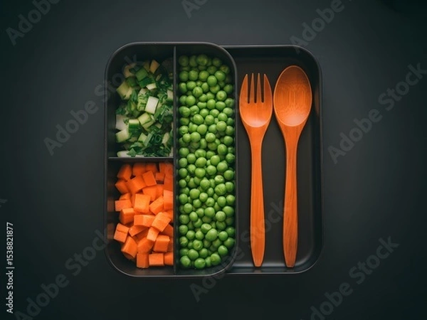 Fototapeta Black Bento Box with Carrots Peas and Cucumber Wooden Utensils