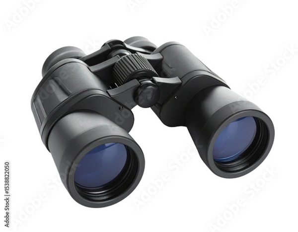 Fototapeta Black binoculars isolated on white background, optical tool for outdoor and wildlife observation.