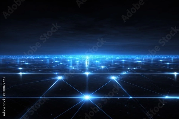 Fototapeta Minimal cyber grid with glowing connection nodes in dark space
