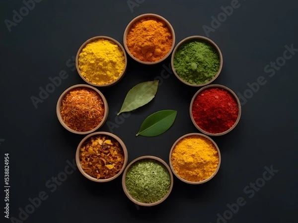 Fototapeta Nine Small Bowls of Colorful Spices Arranged in a Circle on Black Background