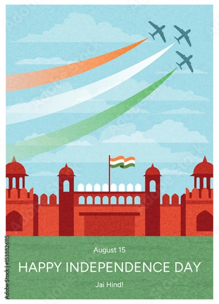 Obraz Red Fort with Indian Flag and Three Fighter Jets Drawing Saffron White Green Trails in Sky. August 15 Celebration. Flat Vector Illustration for Card, Poster, Banner, Web Design.