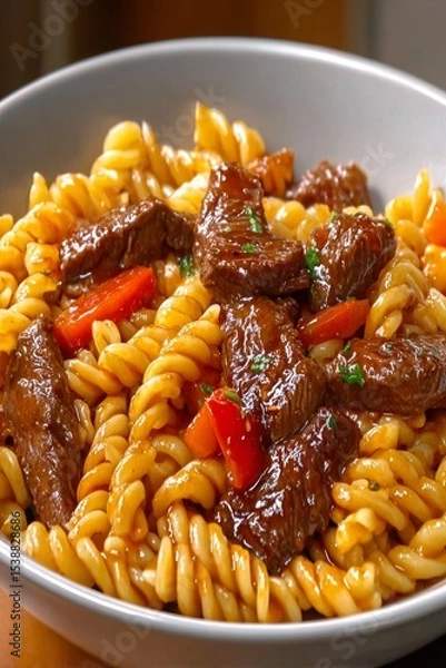 Fototapeta  Plato de fusilli con trozos de carne de res, pimientos rojos y salsa espesa, servido caliente.
