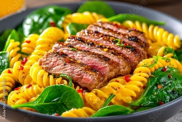 Fototapeta  Fusilli acompañados de espinacas frescas y filete de res a la parrilla cortado en tiras, sazonado con especias.

