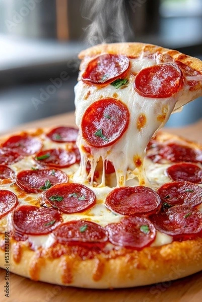 Fototapeta  Pizza caliente con abundante pepperoni y queso derretido estirándose al levantar una porción.
