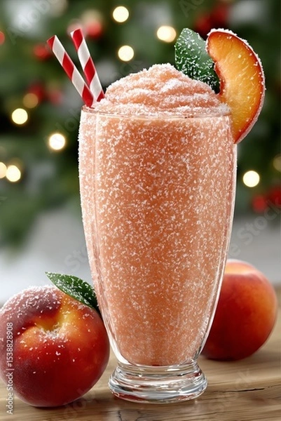 Fototapeta  Batido granizado de durazno servido en vaso alto, cubierto con azúcar, adornado con menta y rodaja de fruta.
