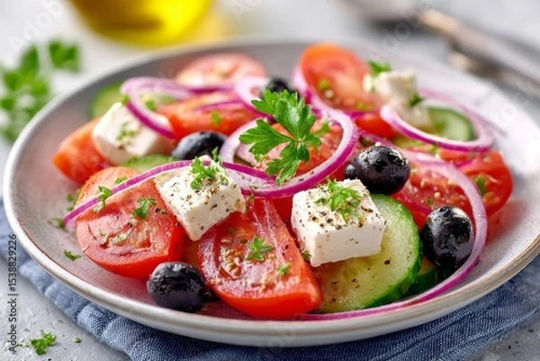 Fototapeta  Plato de ensalada griega con tomate fresco, pepino, cebolla morada, aceitunas negras y queso feta en cubos.
