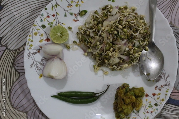 Obraz Fresh Mung Bean Sprouts with Lime and Spices on a Plate.