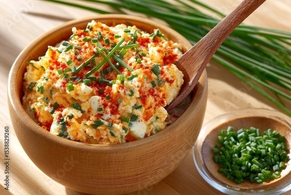Fototapeta  Pasta de huevo cremosa servida con pimentón y cebollino fresco, presentada en bol rústico con cuchara de madera.
