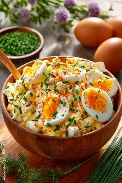 Fototapeta  Ensalada de huevo en bol de madera, decorada con cebollino fresco y huevos cocidos en trozos grandes, lista para servir.
