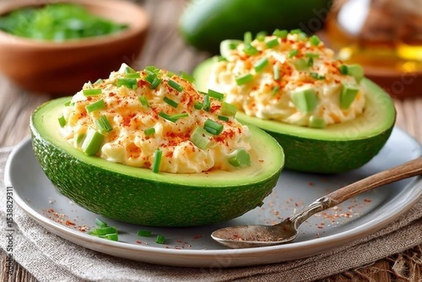 Fototapeta  Mitades de aguacate rellenas con ensalada de huevo cremosa, cebolla verde y especias, sobre fondo rústico de madera.
