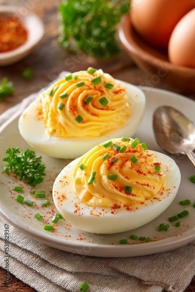 Fototapeta  Huevos cocidos rellenos con crema de yema y especias, decorados con cebollino picado y perejil fresco sobre plato blanco.
