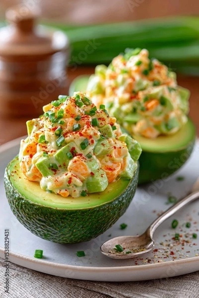 Fototapeta  Mitades de aguacate rellenas con una mezcla cremosa de huevo, zanahoria y cebollín, sobre un plato claro con cuchara.
