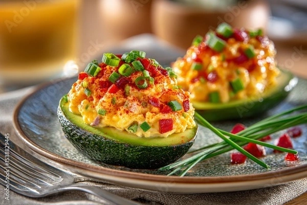 Fototapeta  Mitades de aguacate rellenas de mezcla de huevo con pimientos, condimentos y cebollino, servidas sobre un plato rústico.
