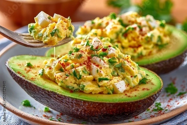 Fototapeta  Aguacates rellenos de ensalada de huevo con cubos de queso, decorados con perejil fresco, pimentón y cebollín, servidos con tenedor.
