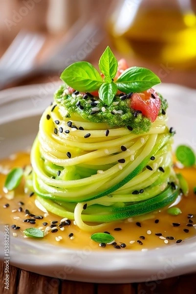 Fototapeta  Pasta de calabacín servida en forma de espiral con salsa ligera, albahaca fresca y semillas de sésamo negro. Decoración colorida con tomate.
