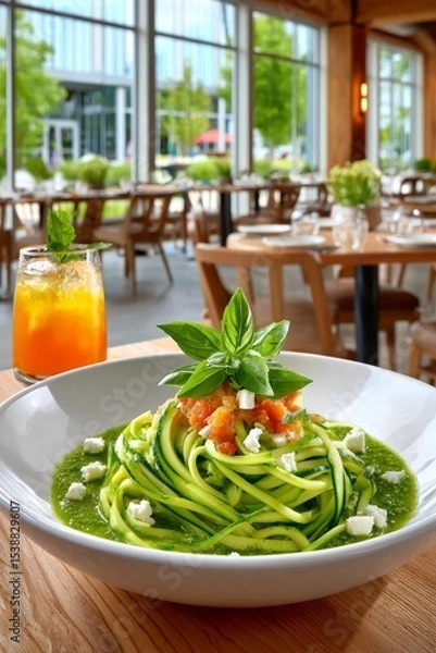 Fototapeta  Plato de espaguetis de calabacín con salsa pesto, cubos de queso feta y albahaca, servido en un restaurante moderno con bebida de acompañamiento.
