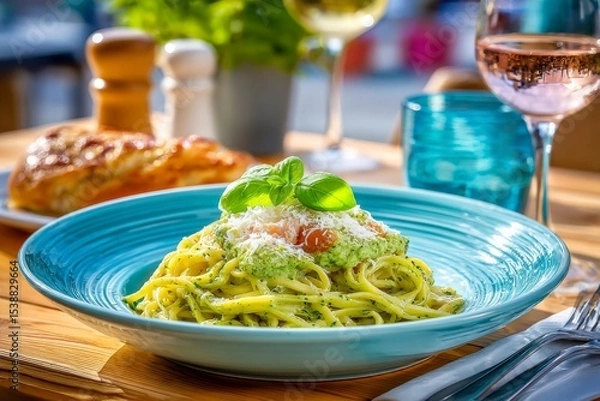 Fototapeta  Plato de pasta tradicional con salsa pesto, queso rallado y albahaca fresca en plato azul. Servido con vino rosado y pan.
