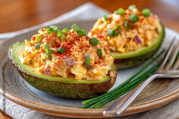 Fototapeta  Aguacates rellenos con ensalada cremosa, trozos de huevo, cebolla y pimentón. Servidos sobre plato rústico con cebollino fresco.

