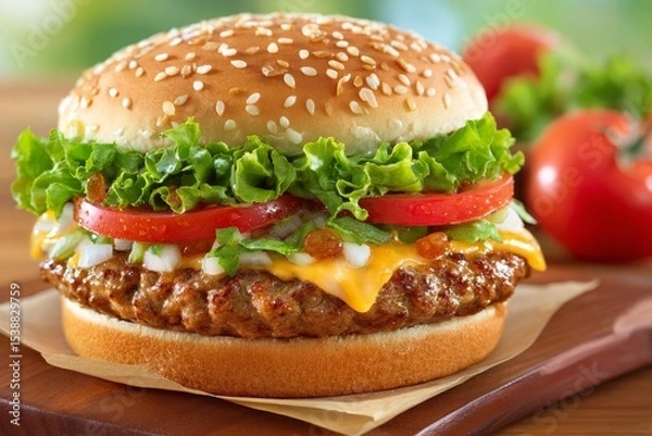 Fototapeta  Hamburguesa con carne, queso cheddar, tomate y lechuga en pan de sésamo. Fondo difuminado con ingredientes frescos.
