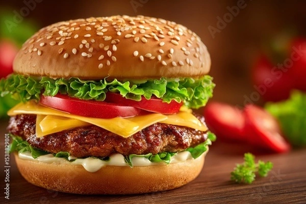 Fototapeta  Hamburguesa con doble queso, tomate, lechuga y mayonesa sobre fondo rústico de madera. Fondo cálido desenfocado.
