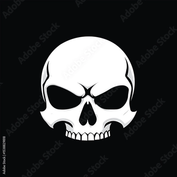 Fototapeta A stylized white human skull with ominous dark eye sockets and a detailed jawline, set against a stark black background. The design is bold and impactful.